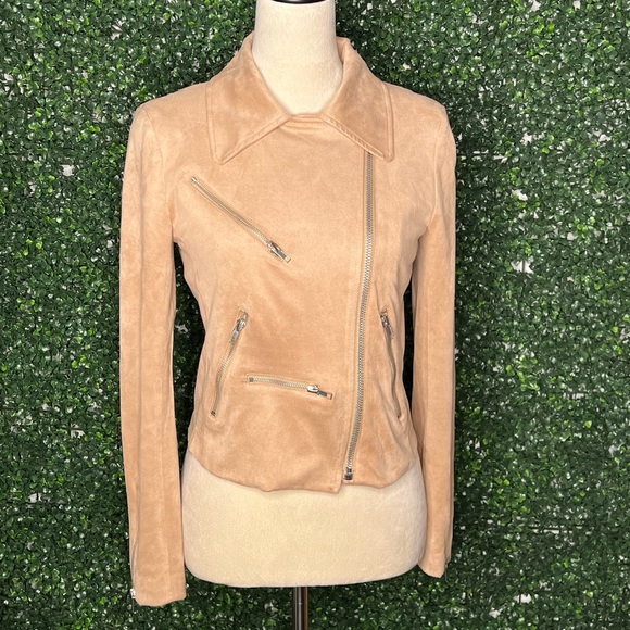 Olivaceous Faux Suede With Love Zip up Moto Jacket in Camel Tan Brown Size S - Picture 2 of 6
